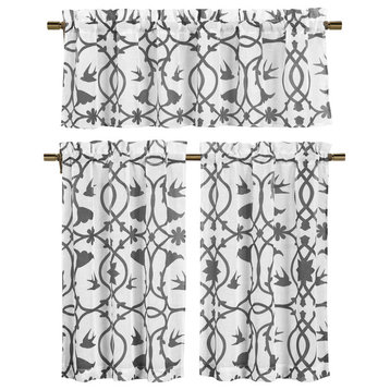 White Semi Sheer Window Curtain Set:  Botanical Design, 3 Piece, Gray