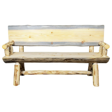 Montana Half Log Bench With Back And Arms In Exterior Stain Finish MWHLBWB5EXT