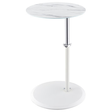 Orbit End Table with Height Adjustable Marble Textured Glass Top, White Marble