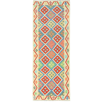 Colorful, Afghan Kilim Organic Wool Hand Woven Runner Rug, 2'9"x8'3"