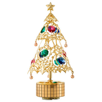 24K Gold Plated Christmas Tree Wind-Up Music Box Table Top Ornament