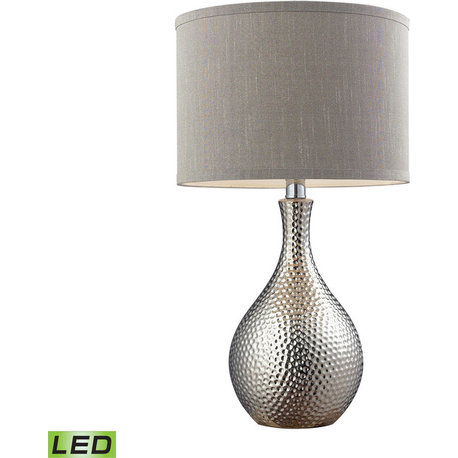 Hammered Chrome Plated Table Lamp With Grey Faux Silk Shade - Chrome Plating, LE