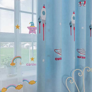 Children Chenille Embroidered Cute Astronaut Blue Eyelet Ready Made Curtains
