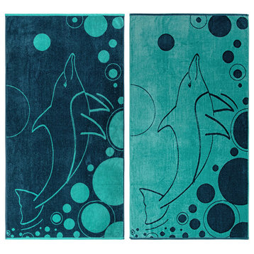 Myrtle Egyptian Cotton Dolphin Design Beach Towel Set, Blue and Teal, 2-Pieces