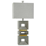 StyleCraft Home Collection - Contemporary Table Lamp, Palladium Silver Finish, Taupe Hardback Fabric Shade - This contemporary table lamp draws from a variety of Avant Garde looks to create a powerful on-trend look. A standout favorite for transitional decor, this lamp features a palladium finish silver polyresin body that's made up from a trio of square pieces. This base is topped with a square taupe hardback shade to add to its tabletop presence.