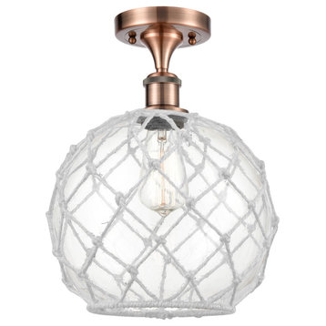 Farmhouse Rope 1-Light Semi-Flush Mount, Copper, Clear Glass With White Rope