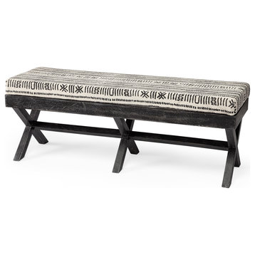 Solis Black and Cream Patterned Seat With Black Solid Wood Frame Accent Bench