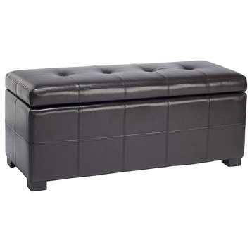 Modern Storage Bench, Bicast Leather Upholstery With Tufted Lid Seat, Brown