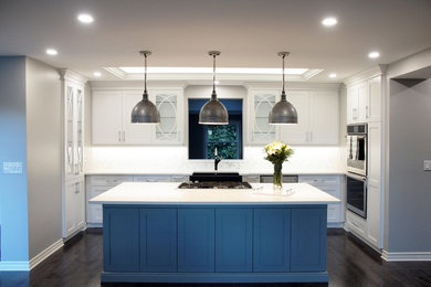 Example of a mid-sized trendy single-wall dark wood floor and brown floor kitchen design in Other with a farmhouse sink, shaker cabinets, white cabinets, quartzite countertops, white backsplash, marble backsplash, stainless steel appliances and an island