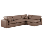 Meridian Furniture - Comfy Upholstered L-Shaped Modular Sectional, Brown, 4-Piece: 2 Armless Chair, 2 Corner Chair, Vegan Leather - Give your space a whole new look with this brown Comfy vegan leather sectional. This handsome sectional fits nicely with other items in the Comfy collection and is a versatile seating option designed for adaptability, comfort and style. Wrapped in rich brown durable vegan leathered upholstery, this sectional offers a plush embrace of overstuffed down feather cushions, carefully crafted to deliver the highest level of comfort. The perfect seat for creating an oasis for relaxation, this sectional has thick foam surrounding its frame for added support and coziness.