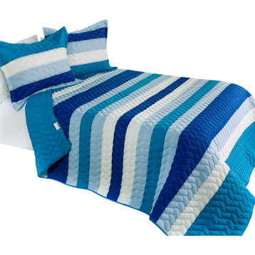 Blue Sky Cotton 3PC Vermicelli-Quilted Striped Quilt Set (Full/Queen Size)