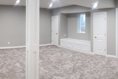 Basement - large look-out carpeted and gray floor basement idea in Columbus with gray walls