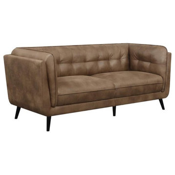 Contemporary Sofa, Chesterfield Inspired & Brown Microfiber Leather Upholstery