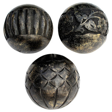 D5" Carved Mango Wood Spheres Balls Set of 3, Black