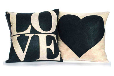 LOVE and Heart Coordinating Pillow Covers in Sandstone and Navy Blue