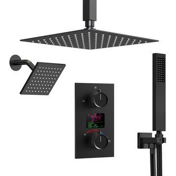 Dual Shower Heads Rain Shower Faucet with Digital Display Shower System,12", Matte Black