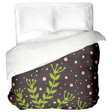 Green Leaves Pink Polka Dots Brown Duvet Cover, Queen