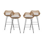 Candance Outdoor Wicker Barstools With Cushions, Set of 4, Light Brown, Black, Beige