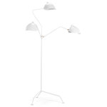 Akari - Serge Mouille Three-Arm Floor Lamp, White - A stunning French icon, the 3 Arm Floor Lamp is the most versatile piece of Mouille's acclaimed lighting series. Dramatic shapes and angles create a theatrical feel within the room, making this lamp as much a work of art as it is a source of illumination. Consisting of iron arms, stem and tripod base, the main feature of this piece is the aluminium chapeau styled shades. All three arms and shades are spectacularly positioned to target as much space as possible, adding a touch of practicality to a legendary design. The entire piece is coated in a black matte lacquer, with only the interior of the shades finished in white to maximize the bulbs reflective qualities. Designed with the intention of supplying as much light as possible, this standing lamp would be a head turning centerpiece in any room. This is a replica of the original.