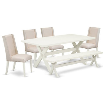 East West Furniture X-Style 6-piece Wood Dining Table Set in Linen White/Cream