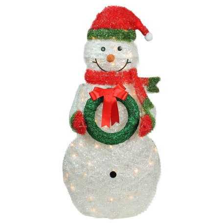 38" Lighted Sparkling Tinsel & Sisal Snowman, Wreath Yard Art Decor