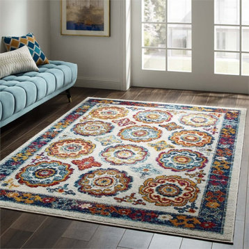 Modway Floral Moroccan Trellis 5' x 8' With Area Rug Ivory And Blue R-1168A-58