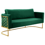 Meridian Furniture - Casa Velvet Upholstered Sofa, Green, Gold Finish - Bring modernity to the forefront with the addition of this Casa velvet chair. Destined to become the most-talked-about addition to your room, this eye-grabbing sofa is an attention-getter from all angles. Its soft green velvet upholstery is touchably soft and feels great against the skin, and its gold iron metal frame featuring a honeycomb pattern lends the chair an up-to-the-minute feel. Pair it with other items in the Casa collection for a streamlined look.