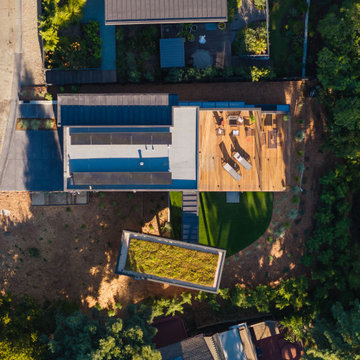 Aerial view of AIA Award-winning new construction home showing solar PV array
