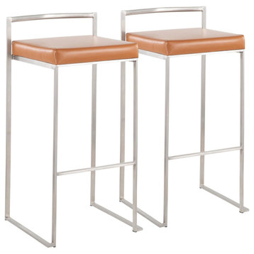 Fuji Stackable Bar Stool, Stainless Steel With Camel Faux Leather, Set of 2