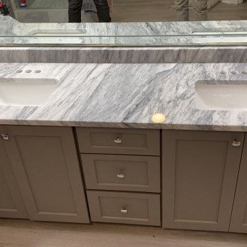 Fantastic White Dolomite Bathroom Countertops with Taupe Cabinets