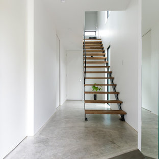 他の地域のモダンスタイルのおしゃれな玄関ホール (白い壁、コンクリートの床、グレーの床) の写真