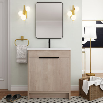 BNK Bathroom Vanity With Adjustable Shelf(KD-PACKING), White Resin Sink, 30"