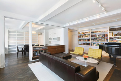 Living room - mid-sized modern formal and open concept medium tone wood floor living room idea in New York with white walls, a standard fireplace, a stone fireplace and a concealed tv