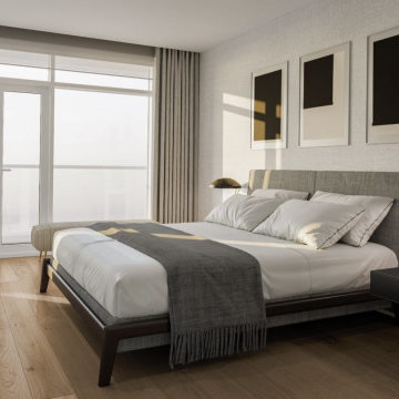 Bedroom at Austurhöfn with smart lighting and shade control.