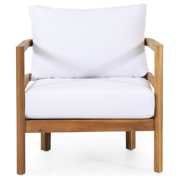 Aggie Outdoor Acacia Wood Club Chair With Cushions, Teak and White