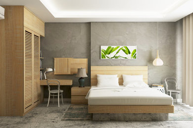 Inspiration pour une grande chambre parentale minimaliste avec un mur marron, parquet foncé et du papier peint.