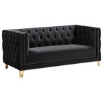 Meridian Furniture - Michelle Fabric Upholstered Chair, Gold Iron Legs, Black, Velvet, Loveseat - Upholstered in soft black velvet, this Michelle love seat is sumptuously glamorous. Designed for upscale living, this chair features rich gold nail head trim and gold iron legs that keep it grounded in contemporary beauty. Tufted material covers every inch of this unit, and button tufting ensures that the unit stays plump and comfortable and holds up well to continual use. Pair it with other items in the collection for a cohesive look.
