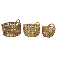 Round Natural Brown Banana Leaf Baskets With Open Weave Diamond Design, Set of 3
