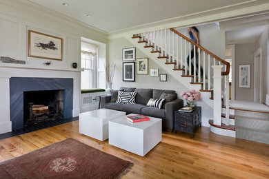 Living room - traditional living room idea in Minneapolis with gray walls and a stone fireplace