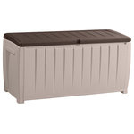 Keter - Novel 90 Gallon Plastic Deck Storage Patio Container Garden Bench Box, Beige/Bro - The Keter plastic Novel 90 Gal Deck Box is both versatile and attractive. Great for convenient outdoor storage, this storage bench enables you to safely keep outdoor entertaining items close to where they will be used on the patio or deck. A colorful cushioned pad can be attached to the top of the lid to transform it into extra outdoor patio furniture. The Keter Novel Deck Box provides additional comfortable seating for two adults or three children during backyard get-togethers.