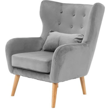 Unique Accent Chair, Padded Faux Velvet Seat With Button Tufted Wingback, Gray