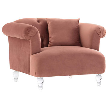 Contemporary Accent Chair, Acrylic Legs and Soft Velvet Upholstered Seat, Blush