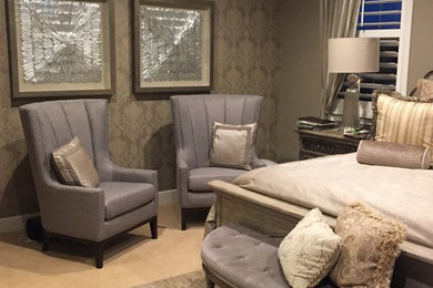 Example of a mid-sized classic master carpeted bedroom design in Denver with beige walls
