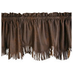Paseo Road by HiEnd Accents - Suede Valance With Fringe - This valance features rich chocolate faux leather accented by stylish fringe.  Simple pleated window treatment frames your window in subtle western elegance. This valance is part of the larger Crosses ensemble which combines warm, neutral faux suede with copper embroidered crosses. Barbwire details finish the design creating a statement of western luxury.