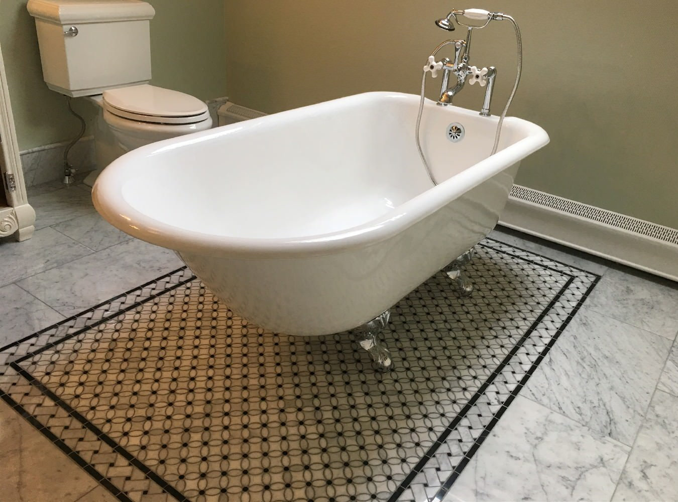 Carrara Marble Basketweave Listello Border Black Dots Polished 4x12, 1 sheet