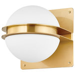 Hudson Valley - Rudolf 1-Light Wall Sconce, Aged Brass - Rudolf's soft square backplate splits and projects to carry two half-round opal matte shades connected by a sleek band of Aged Brass metalwork, creating a masterful illusion of a single globe hugged by a metal belt. Scew details at each corner of the backplate add to the high-end, tailored feel of the piece.