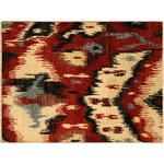 Bareens Designer Rugs - Bohemian Ziegler Ikat Colby Red Ivory Hand-Knotted Wool Rug - 4'0'' x 6'0'' - Enhance the ambiance of your home with this magnificent Persian-influenced Turkish hand-knotted rug made by skilled artisans capable of creating the most exceptional vegetable dyes and hand-spun wool. This exquisite handmade rug is a one-of-a-kind  Kafkaz, otherwise identified as Chobi, Chobi Peshawar, Oushak, or Ziegler rug. These handmade rugs are crafted in Pakistan utilizing superior-quality wool imported from Australia, New Zealand, and Korea in two types of weaves: the Persian weave and the Mori weave. This rug is meticulously crafted by hand using the finest natural vegetable dyes extracted from local plants. The artisans use a blend of hand-spun local and fine merino wool, resulting in a rug with a compelling texture, higher lanolin content, and longer staple. The artisans occasionally incorporate natural or artificial silk into the pile to enhance specific motifs. The finished product is an awe-inspiring execution of flawless design and an understated palette that exudes elegance.