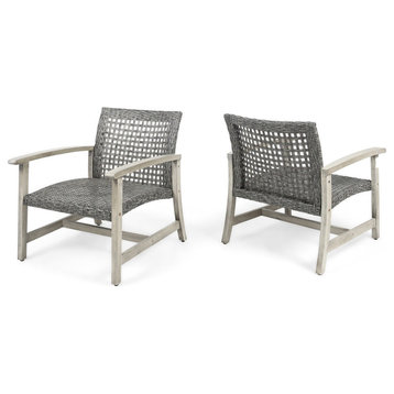 Viola Outdoor Wood and Wicker Club Chairs (), Gray Finish/Mixed Black, Set of 2