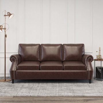 3 Seat Sofa, PU Leather Seat & Rolled Slanted Arms With Nailhead, Dark Brown