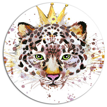 Leopard Head With Golden Crown, Animal Art Disc Metal Wall Art, 11"